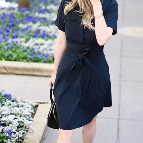 Cynthia Steffe Maya Tie Waist Fit Flare Shirtdress Navy Blue Career Size 6 - Picture 12 of 13